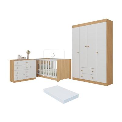Quarto De Bebê Completo Berço Americano 3 Em 1 Colchão Encanto Multimóveis MP4597 Madeirado-branco