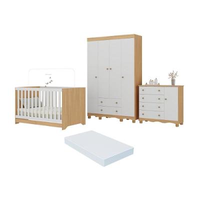 Quarto De Bebê Completo Berço Americano 3 Em 1 Colchão Dengo Multimóveis MP4600 Madeirado-branco