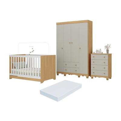 Quarto De Bebê Completo Berço Americano 3 Em 1 Colchão Dengo Multimóveis MP4604 Madeirado-off White