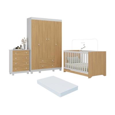 Quarto De Bebê Completo Berço Americano 3 Em 1 Colchão Allegra Multimóveis MP4602 Branco-madeirado