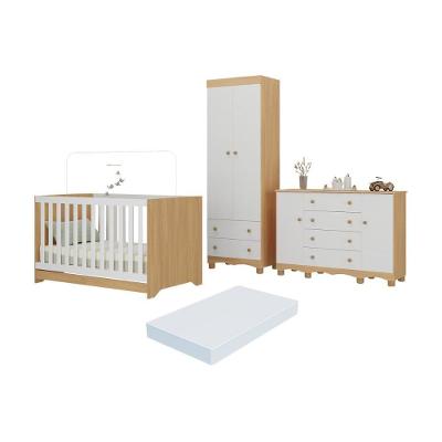 Quarto De Bebê Completo Berço Americano 3 Em 1 Colchão Dengo Multimóveis MP4612 Madeirado-branco