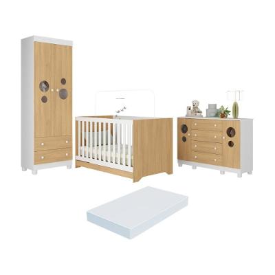 Quarto De Bebê Completo Berço Americano 3 Em 1 Colchão Bombom Multimóveis MP4642 Branco-madeirado
