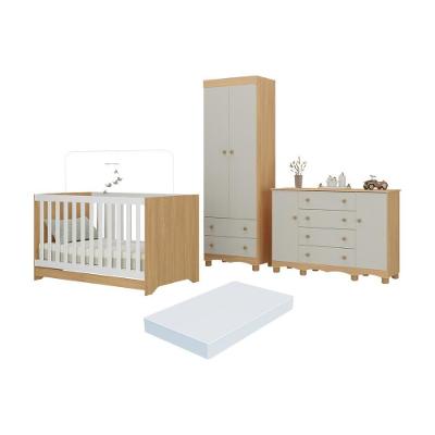 Quarto De Bebê Completo Berço Americano 3 Em 1 Colchão Dengo Multimóveis MP4612 Madeirado-off White