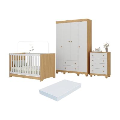 Quarto De Bebê Completo Berço Americano 3 Em 1 Colchão Dengo Multimóveis MP4604 Madeirado-branco