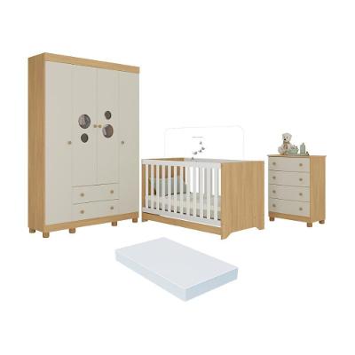 Quarto De Bebê Completo Berço Americano 3 Em 1 Colchão Bombom Multimóveis MP4634 Madeirado-off White