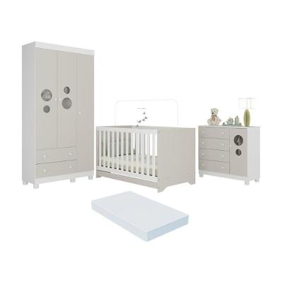 Quarto De Bebê Completo Berço Americano 3 Em 1 Colchão Bombom Multimóveis MP4638 Branco-off White