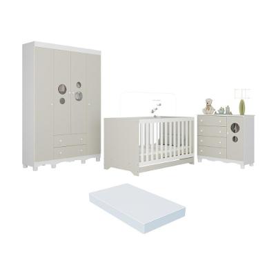 Quarto De Bebê Completo Berço Americano 3 Em 1 Colchão Suspiro Multimóveis MP4632 Branco-off White