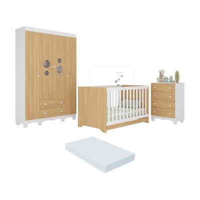Quarto De Bebê Completo Berço Americano 3 Em 1 Colchão Suspiro Multimóveis MP4636 Branco-madeirado