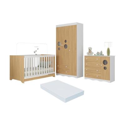 Quarto De Bebê Completo Berço Americano 3 Em 1 Colchão Sonho Multimóveis MP4639 Branco-madeirado