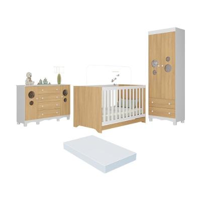 Quarto De Bebê Completo Berço Americano 3 Em 1 Colchão Suspiro Multimóveis MP4676 Branco-madeirado