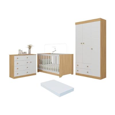 Quarto De Bebê Completo Berço Americano 3 Em 1 Colchão Encanto Multimóveis MP4605 Madeirado-branco