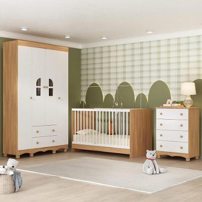 Quarto De Bebê Completo Berço 3 Em 1 P-colchão 130x60cm Aurora Multimóveis MP4556 Madeirado-branco