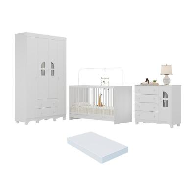 Quarto De Bebê Completo Com Berço 3 Em 1 Com Colchão Incluso Aurora Multimóveis MP4568 Branco