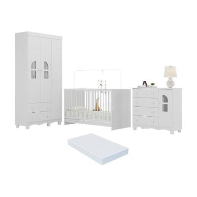 Quarto De Bebê Completo Com Berço 3 Em 1 Com Colchão Incluso Aurora Multimóveis MP4576 Branco