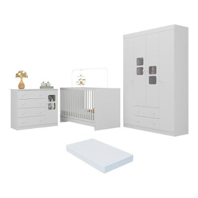 Quarto De Bebê Completo Com Berço 3 Em 1 Com Colchão Incluso Brisa Multimóveis MP4533 Branco