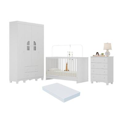 Quarto De Bebê Completo Com Berço 3 Em 1 Com Colchão Incluso Aurora Multimóveis MP4572 Branco