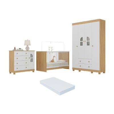 Quarto De Bebê Completo Com Berço 3 Em 1 Colchão Incluso Nina Multimóveis MP4566 Madeirado-branco
