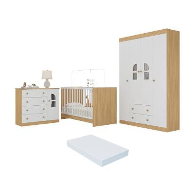 Quarto De Bebê Completo Com Berço 3 Em 1 Colchão Incluso Amora Multimóveis MP4565 Madeirado-branco