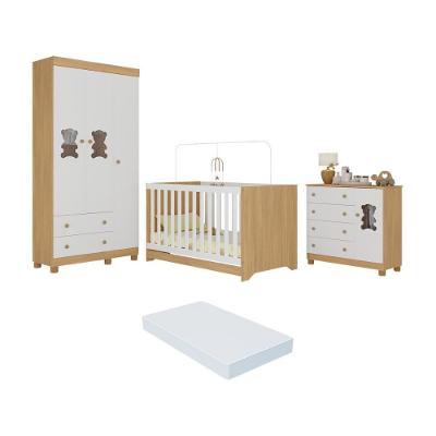 Quarto De Bebê Completo C- Berço Americano 3 Em 1 Colchão Fofura Multimóveis MP4669 Madeirado-branco