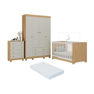 Quarto De Bebê Completo Berço Americano 3x1 Colchão Allegra Multimóveis MP4602 Madeirado-off White