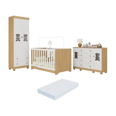 Quarto De Bebê Completo C- Berço Americano 3 Em 1 Colchão Fofura Multimóveis MP4673 Madeirado-branco