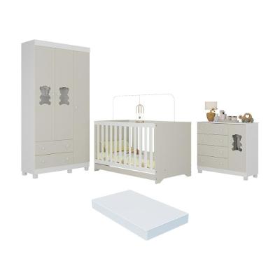 Quarto De Bebê Completo C- Berço Americano 3 Em 1 Colchão Fofura Multimóveis MP4669 Branco-off White