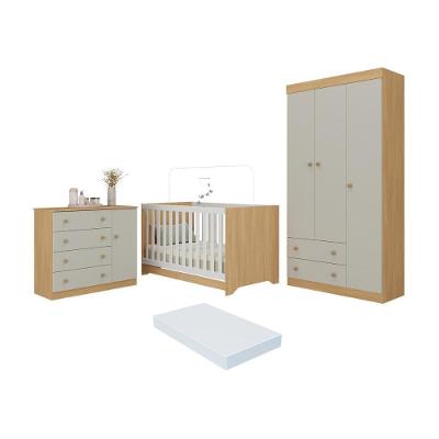 Quarto De Bebê Completo Berço Americano 3x1 Colchão Encanto Multimóveis MP4605 Madeirado-off White