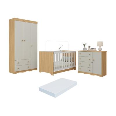 Quarto De Bebê Completo Berço Americano 3x1 Colchão Realeza Multimóveis MP4607 Madeirado-off White