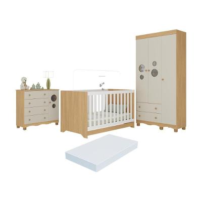 Quarto De Bebê Completo Berço Americano 3x1 Colchão Suspiro Multimóveis MP4640 Madeirado-off White