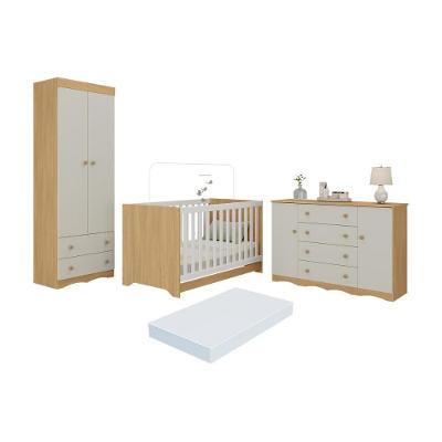 Quarto De Bebê Completo Berço Americano 3x1 Colchão Realeza Multimóveis MP4611 Madeirado-off White