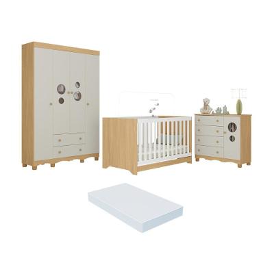 Quarto De Bebê Completo Berço Americano 3x1 Colchão Suspiro Multimóveis MP4632 Madeirado-off White