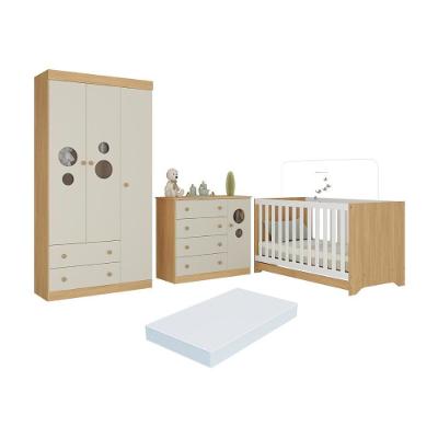 Quarto De Bebê Completo Berço Americano 3x1 Colchão Pirulito Multimóveis MP4637 Madeirado-off White