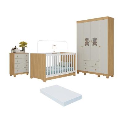 Quarto De Bebê Completo Berço Americano 3x1 Colchão Ternura Multimóveis MP4667 Madeirado-off White