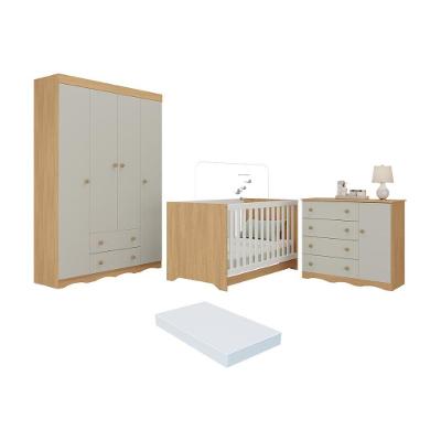 Quarto De Bebê Completo Berço Americano 3x1 Colchão Realeza Multimóveis MP4599 Madeirado-off White