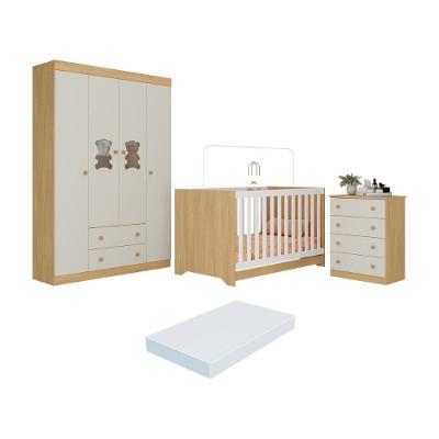 Quarto De Bebê Completo Berço Americano 3 Em 1 Colchão Teddy Multimóveis MP4664 Madeirado-off White