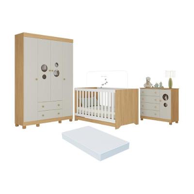 Quarto De Bebê Completo Berço Americano 3x1 Colchão Bombom Multimóveis MP4630 Madeirado-off White