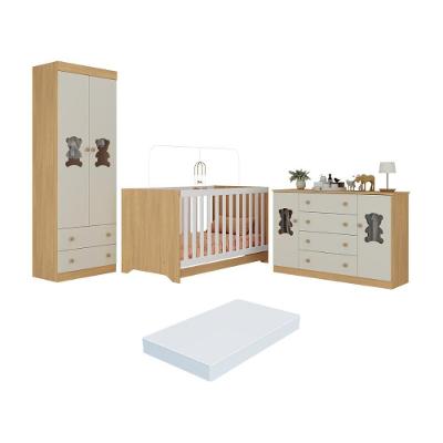Quarto De Bebê Completo Berço Americano 3 Em 1 Colchão Teddy Multimóveis MP4672 Madeirado-off White