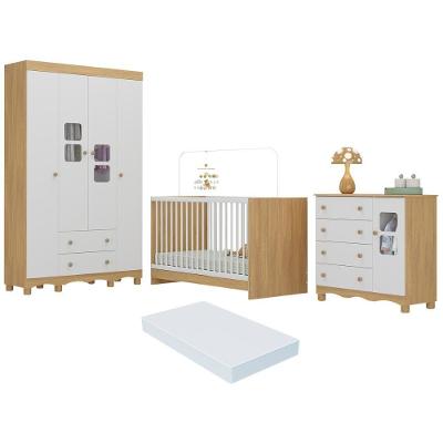 Quarto De Bebê Completo Com Berço 3 Em 1 Com Colchão Incluso Luna Multimóveis MP4536 Madeirado-branco