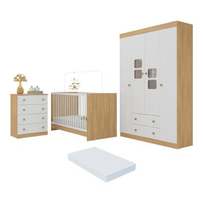 Quarto De Bebê Completo Com Berço 3 Em 1 Com Colchão Incluso Brisa Multimóveis MP4537 Madeirado-branco