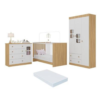 Quarto De Bebê Completo Com Berço 3 Em 1 Com Colchão Incluso Brisa Multimóveis MP4541 Madeirado-branco
