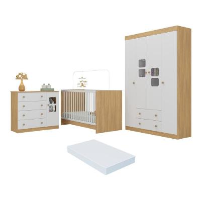 Quarto De Bebê Completo Com Berço 3 Em 1 Com Colchão Incluso Brisa Multimóveis MP4533 Madeirado-branco
