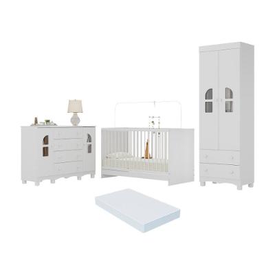 Quarto De Bebê Completo Com Berço 3 Em 1 Com Colchão Incluso Aurora Multimóveis MP4580 Branco