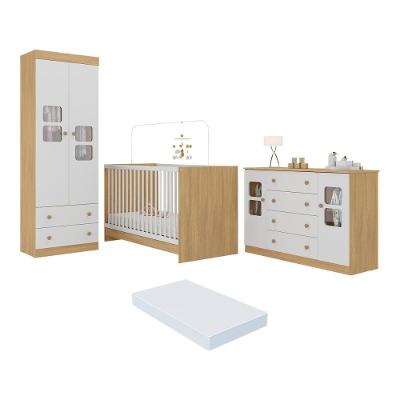 Quarto De Bebê Completo Com Berço 3 Em 1 Com Colchão Incluso Brisa Multimóveis MP4545 Madeirado-branco