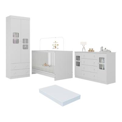 Quarto De Bebê Completo Com Berço 3 Em 1 Com Colchão Incluso Brisa Multimóveis MP4545 Branco