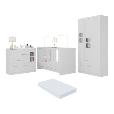 Quarto De Bebê Completo Com Berço 3 Em 1 Com Colchão Incluso Brisa Multimóveis MP4541 Branco