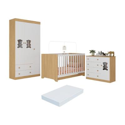 Quarto De Bebê Completo Com Berço Americano 3 Em 1 Colchão Teddy Multimóveis MP4668 Madeirado-branco