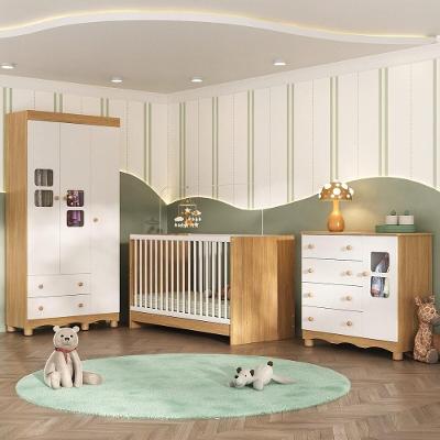 Quarto De Bebê Completo Com Berço 3 Em 1 Para Colchão 130x60cm Luna Multimóveis MP4528 Madeirado-branco