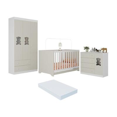 Quarto De Bebê Completo Com Berço Americano 3 Em 1 Colchão Teddy Multimóveis MP4668 Branco-off White