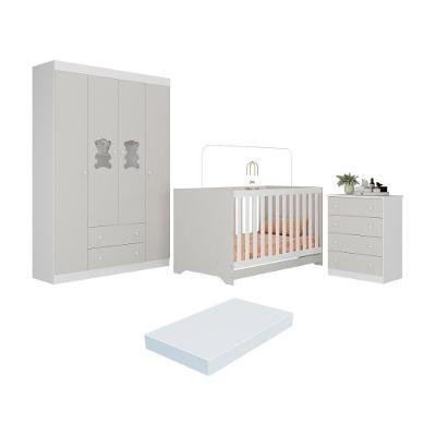 Quarto De Bebê Completo Com Berço Americano 3 Em 1 Colchão Teddy Multimóveis MP4664 Branco-off White