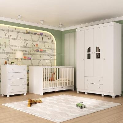Quarto De Bebê Completo Com Berço 3 Em 1 Para Colchão 130x60cm Nina Multimóveis MP4554 Branco